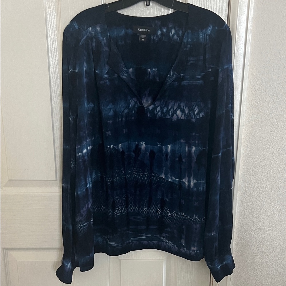 Karen Kane Navy and Indigo Tie-Dye V-Neck Blouse